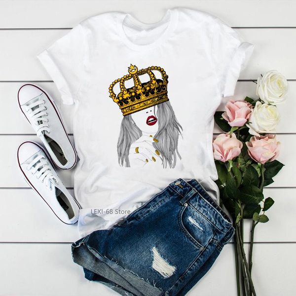 

women's t-shirt 2021 melanin poppin t shirt women black girls selfie cartoon print female harajuku kawaii aesthetic clothes, White