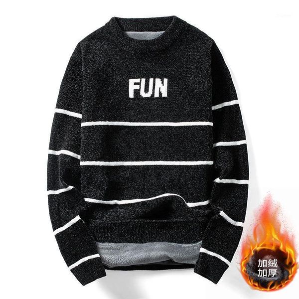 

2019 men sweater plush thickened o neck striped slim fit knittwear mens sweaters pullovers men pull1, White;black