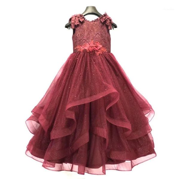 

burgundy flower girl dresses for wedding lace pearls a line handmade kids celebrity dress custom made first communion gowns1, Red;yellow