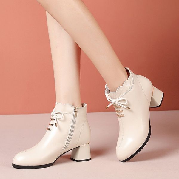 

2021 new black beige pu leather ankle boots for women fashion bow square heel boot woman casual pointed toe autumn winter shoes 1ry0