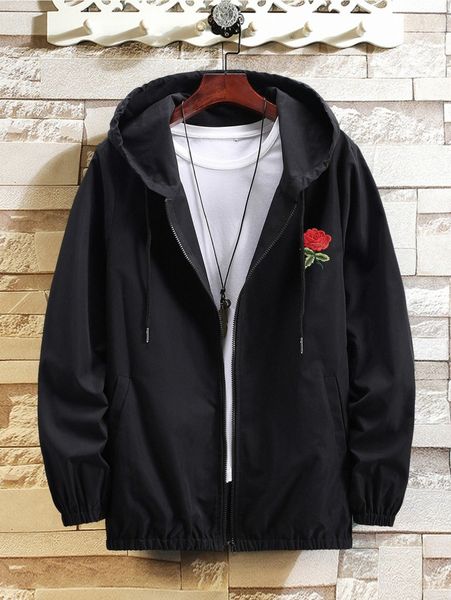 

men floral embroidered zip up jacket q97e#, Black;brown