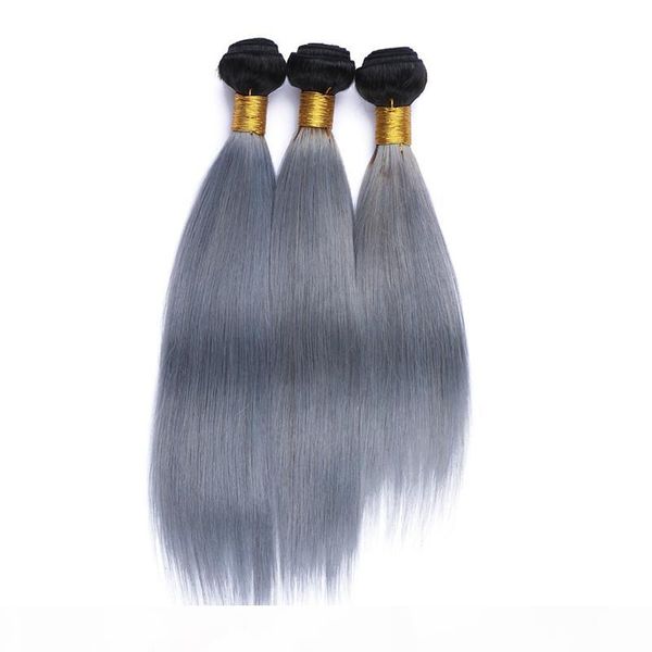 

1b silver grey ombre human hair weave dark root ombre hair extensions gray ombre straight virgin two tone hair wefts 3 bundles, Black