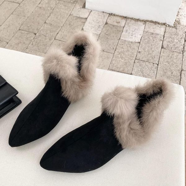 

boots women ankle causal fur winter pointed toe ladies short booties fashion female snow woman furry shoes, Black