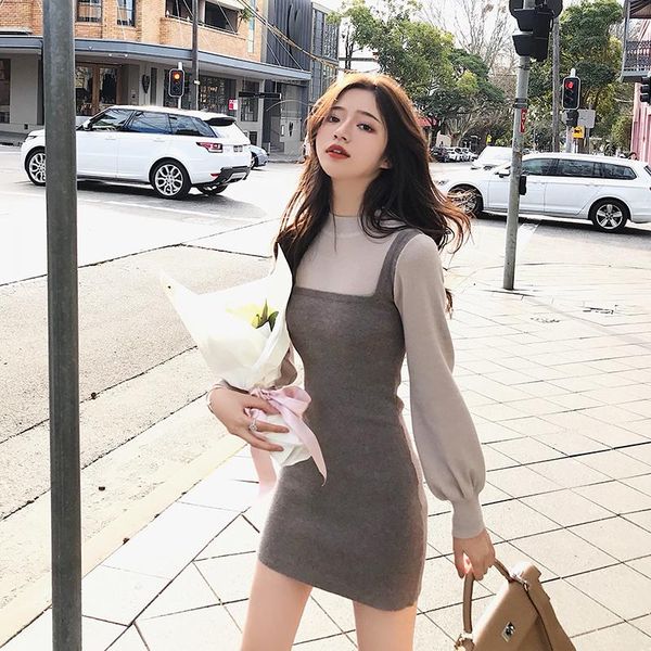 

casual dresses women warm sweater dress autumn winter elastic stretch long sleeve elegant a-line knitting female slim knit, Black;gray