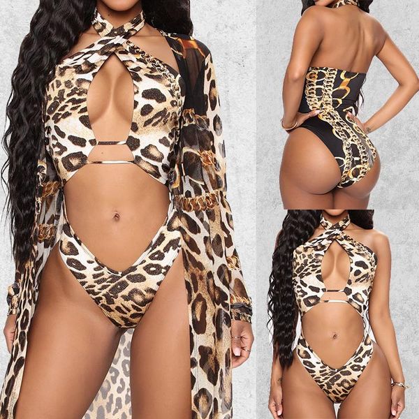 

women's swimwear 2021 swimsuit leopard print one-piece long-sleeved two-piece ladies sunscreen veil dn-3059, White;black