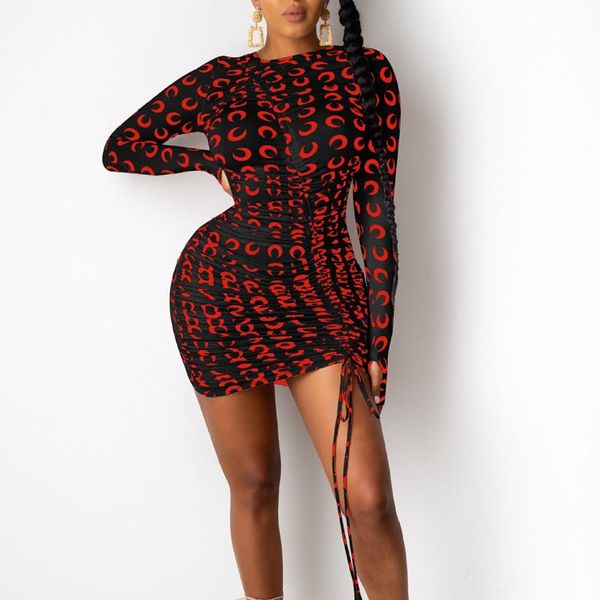 

casual dresses women moon printed long sleeve bodycon ruched pleated mini dress night club party, Black;gray