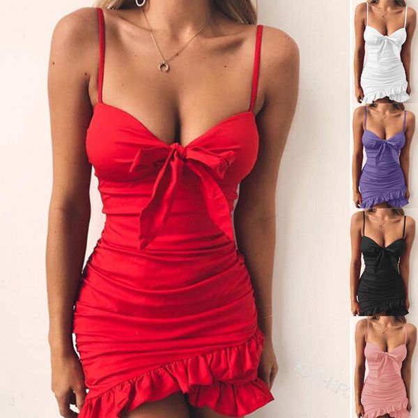 

casual dresses ladies solid color sling bow knot folds irregular ruffle dress low-cut bag hip mini skirt bar nightclub style, Black;gray