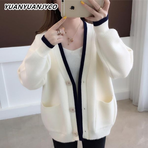 

yuanyuanjyco spring autumn women korean style knitted patchwork cardigan elegant ruched button pocket long sleeve sweater, White