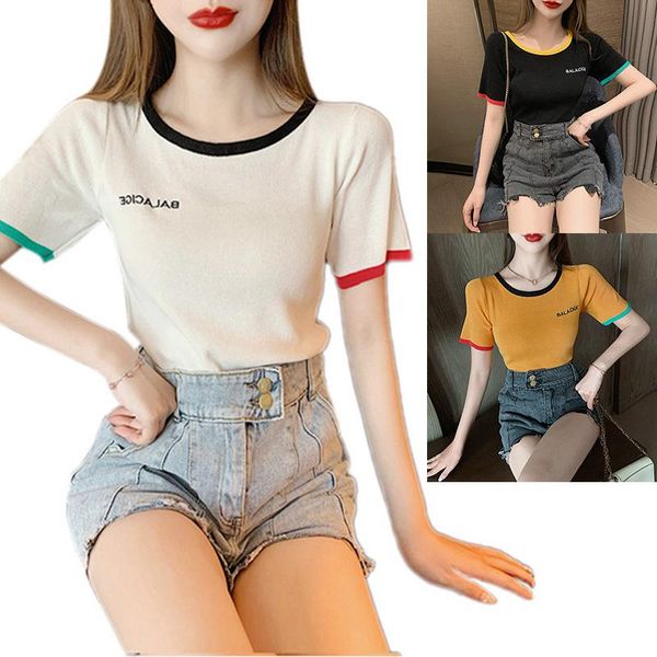 

women's t-shirt summer short-sleeved short knitwear top, White