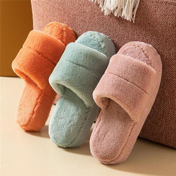 

slippers women faux fur cross indoor floor slides flat soft furry shoes ladies female non slip house whosale warm fluffy, Black