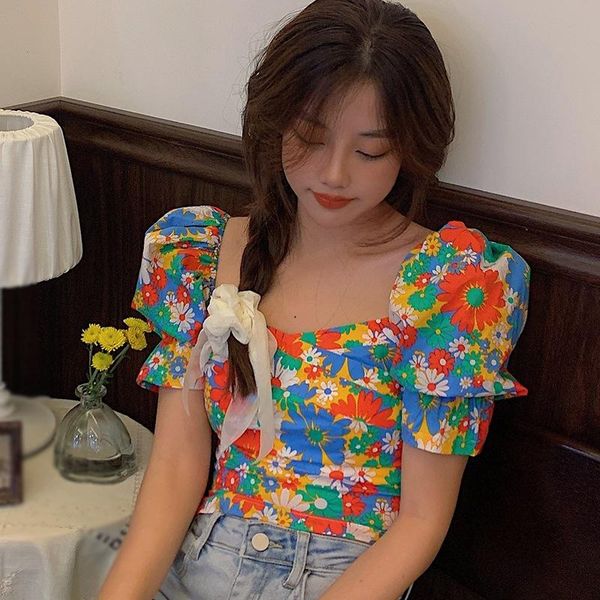 

women's blouses & shirts jlong casual print bubble sleeve shirt summer waist slim short blouse, White