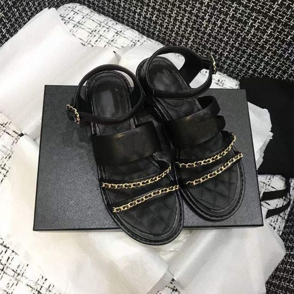 

sandals leather platform sandal fairy fashion chain the summer 2021 non-slip soft soles go with flat shoes genuine, Black