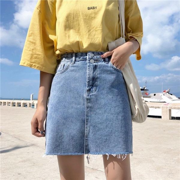 

skirts summer women casual high waist a-line blue denim solid color daily pocket design button all-match street jeans skirt, Black