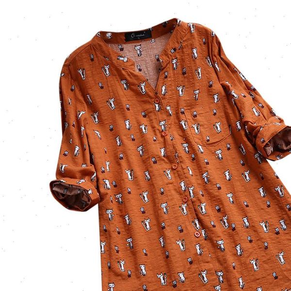 

women blouses casual v neck printed cat 3 4 sleeve irregular vintage shirts blouse chemisiers et blouses femme sale, White