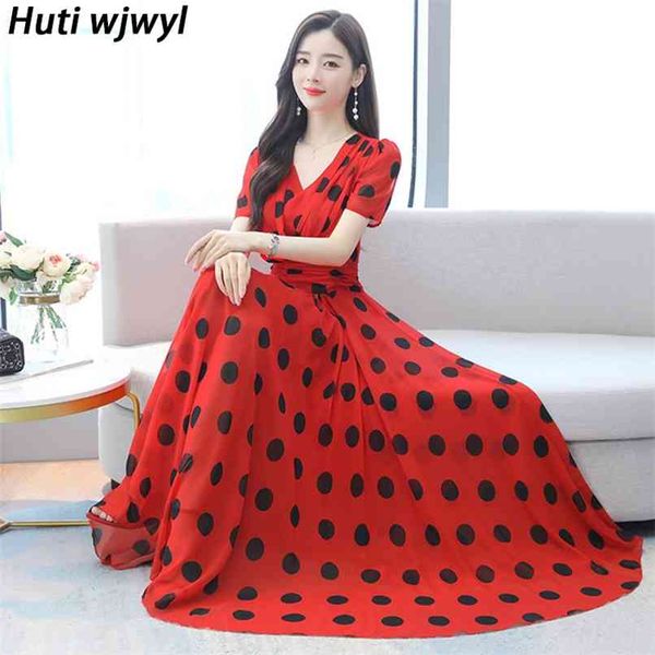 

vintage polka dot chiffon casual maxi dress spring summer korean plus size women elegant bodycon party vestidos 210528, Black;gray