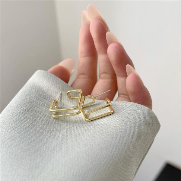 

stud s925 needle metal line geometry double hollow square earrings for women retro joker punk party jewelry 2021, Golden;silver