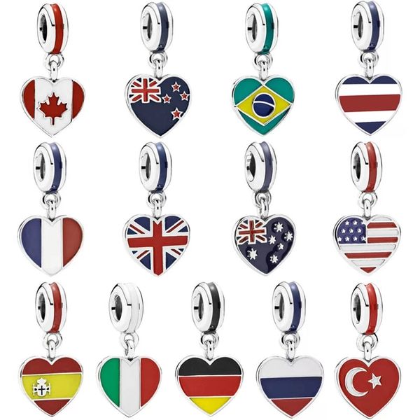 Memnon Jewelry 925 Sterling Silver Hearts Charms Ciondolo bandiera a forma di cuore Branelli di fascino Fit Bracciali Collane Fai da te per le donne