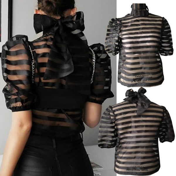 

womens crew neck short sleeve blouse black sheer mesh striped, Black;blue