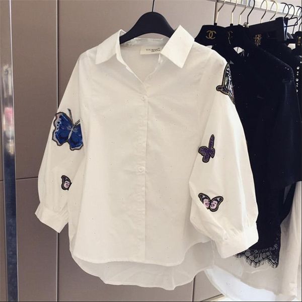 

white shirt women butterfly embroidery long sleeve plus size loose blouse and ladies button down shirts