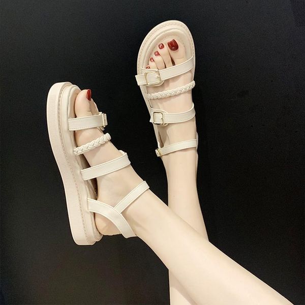 

sandals 2021 summer female flat shoes woman korean wild beach students thick bottom roman women, Black