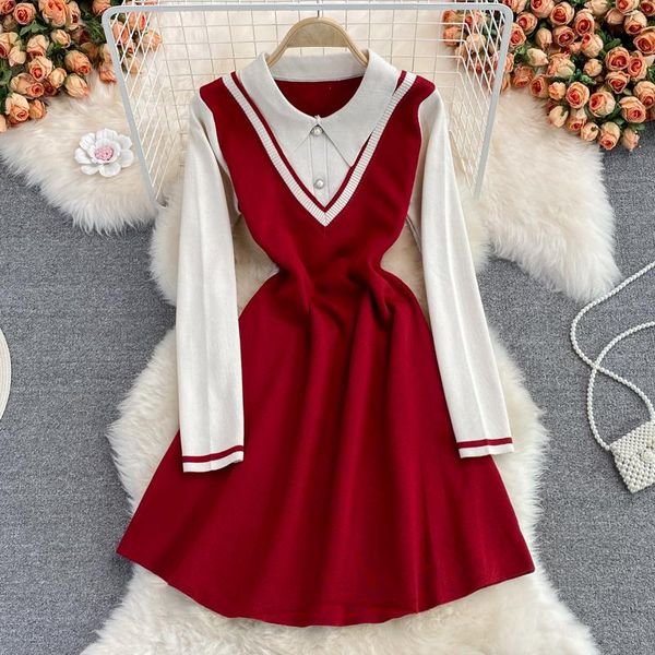 

casual dresses autumn winter knit dress women 2021 color match turn down collar long sleeve slim a-line sweet girls one-piece short, Black;gray