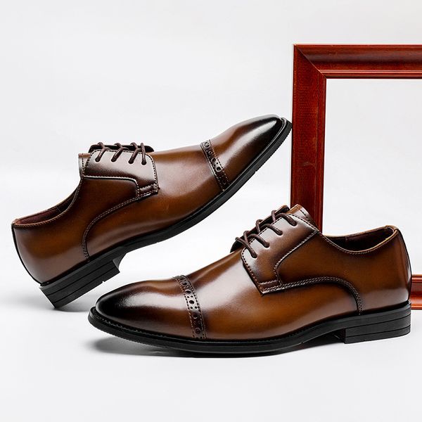 

2021men dress shoes derbies style sewing lines two patchwork cut-outs genuine leather low heel rubber spring fall gentry classic fashion, Black