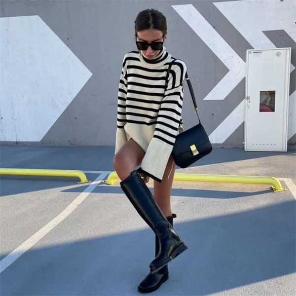 

za knitted loose women sweater solid casual striped long sleeve pullover winter embroidery women's turtleneck sweaters y2k 211218, White;black
