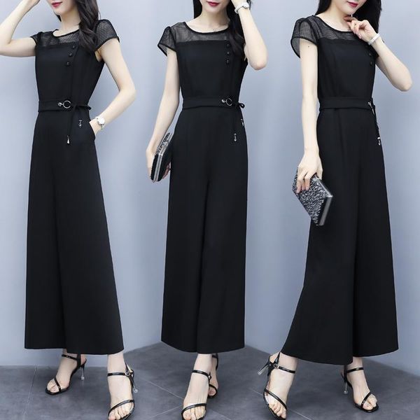 

women's jumpsuits & rompers black womens jumpsuit chiffon office lady overalls female summer combinaison femme one piece pants salopett, Black;white