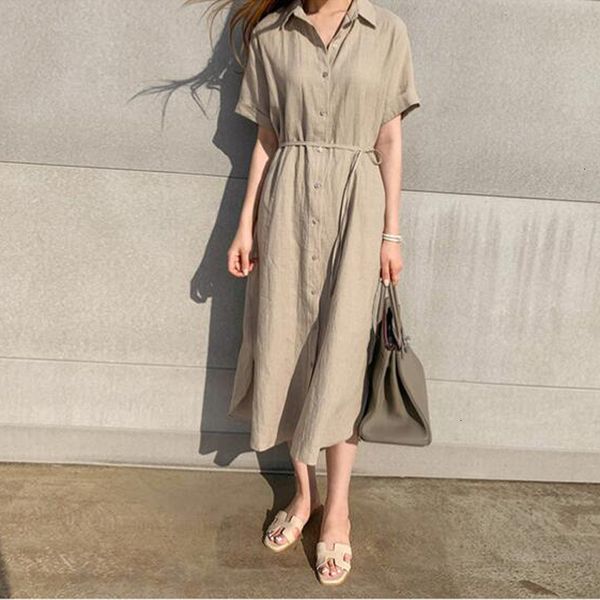 

casual dresses dresses simple loose lapel women shirt spring summer single-breasted lace-up short-sleeved female dress 3p0a, Black;gray