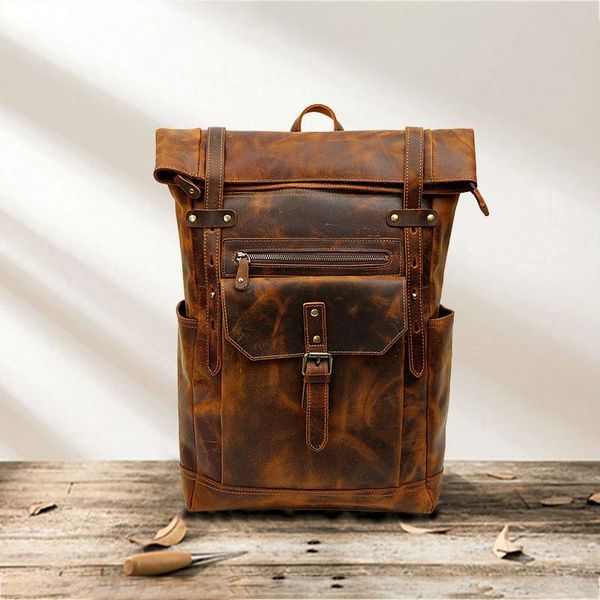 

backpack crazy horse leather genuine retro cowhide student schoolbag woman men solid color big capacity travel bag 16 inch