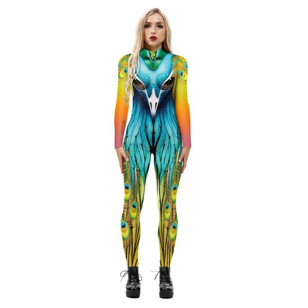 

halloween jumpsuits women's fashion 3d boho print bodysuits body long sleeve slim costumes zipper jumpsuit, Black;white