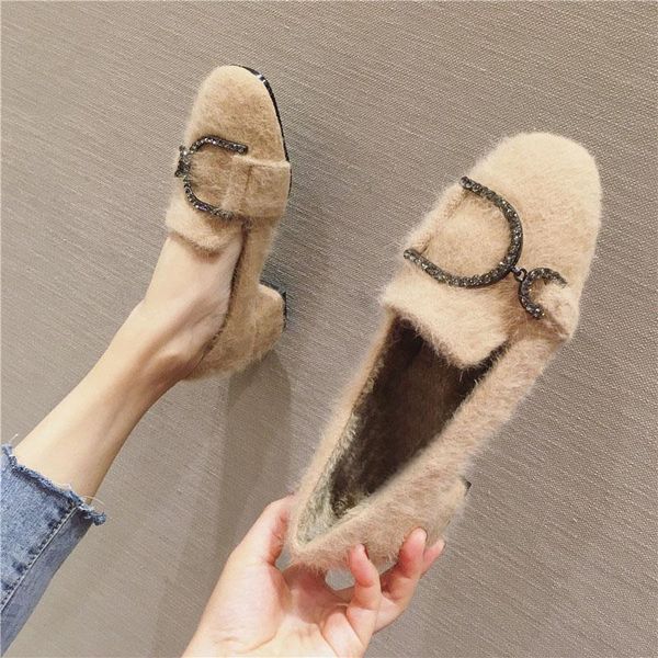 

dress shoes autumn and winter plus velvet women's thick heel women mink hair mid-heel party, Black