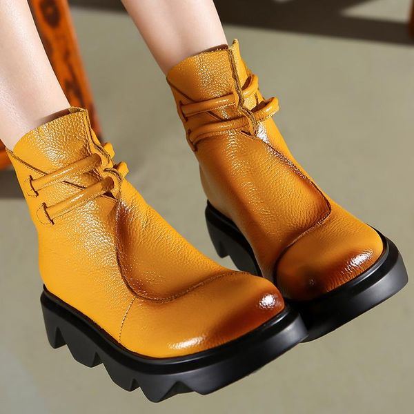 

comfortable genuine leather women's boots thick-soled platform wedge heel short boots round toe casual retro boot women shoes, Black