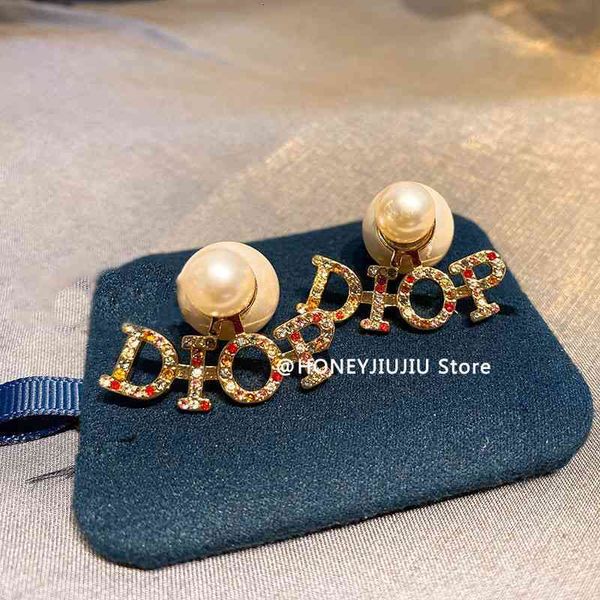 

luxury designer fashion famous brand classic letters color diamond crystal pearl earrings jewelry for women runway trendy with box, Red;brown