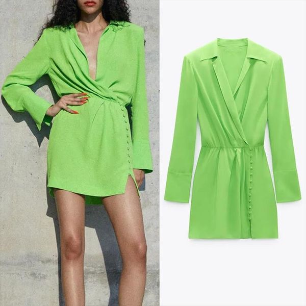 

za shirt green short womens dress summer long sleeve mini wrap fashion button elegant, Black;gray