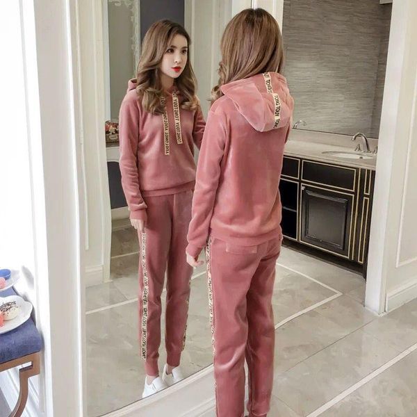 

sportswear suit women's fashion autumn and winter new plush thickened sweater women's casual two piece hoodie, White