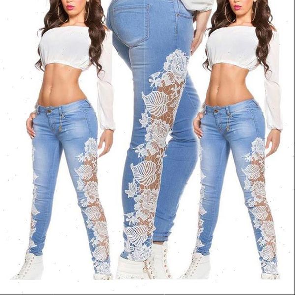 

white lace patchwork denim womens jean trousers skinny pencil pants plus size stretch washed, Blue