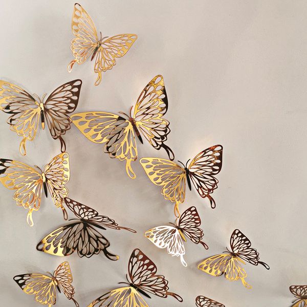 3D Borboleta Adesivos de Parede Hollow-Out Rose Gold Silver Decal Adesivos para Decoração de Escritório de Casa Decoração de Aniversário Decoração De Partido De Casamento