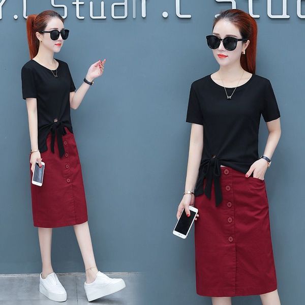 

2021 new casual solid white summer women short sleeve + cotton linen skirt 2 piece defines suit female work h41 y0ue, Black;gray