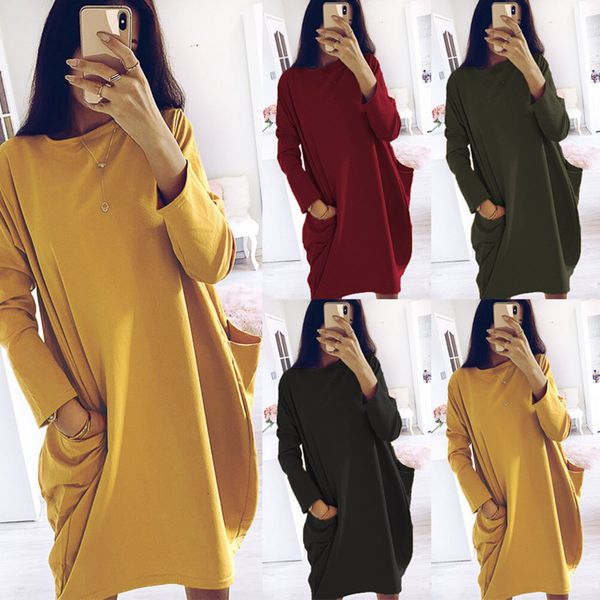 

2021 new autumn winter solid long sleeve o neck women casual loose vintage ladies es fahsion simplicity pocket mini 09r6, Black;gray