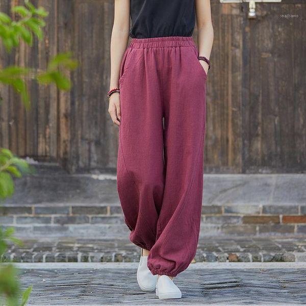 

women's pants & capris women cotton linen lantern retro sand washed ramie slub casual 2021 autumn elastic waist trousers v2237, Black;white