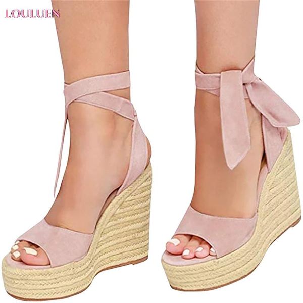 

dress shoes louluen 2021 sandals womens fashion open toe wedges thick bottom lace-up beach roman character plus size 35- 43 drop #0510, Black