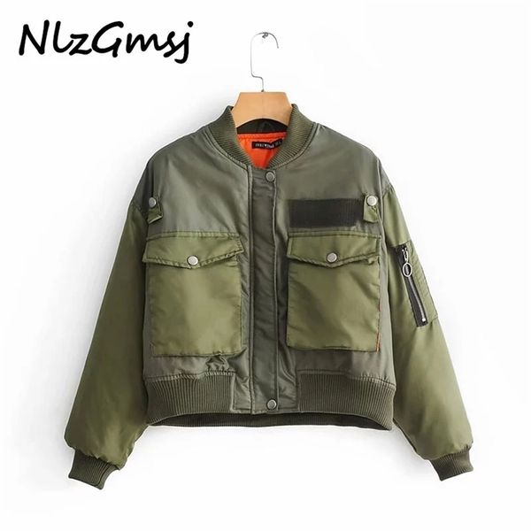 

nlzgmsj za women military green moto biker bomber pilot jacket cropped long sleeve female oversized coat outerwear chaquetas 211105, Black;brown