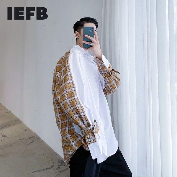 

iefb /men's wear early spring plaid print color block patchwork spring shirts for male design loose long-sleeved 9y3895, White;black