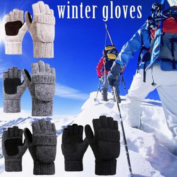 

cycling gloves men women winter warm knitted fleece bike mtb half finger lined sport ski snow bikecycle shockproof pad, Black