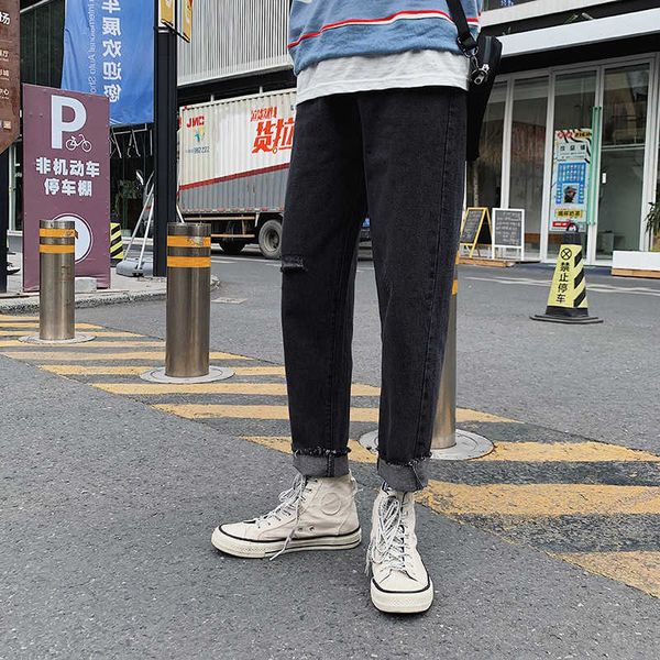 

men lent herf jeans ny slim fit troubled hip hop single cats broek black blue effects color young student