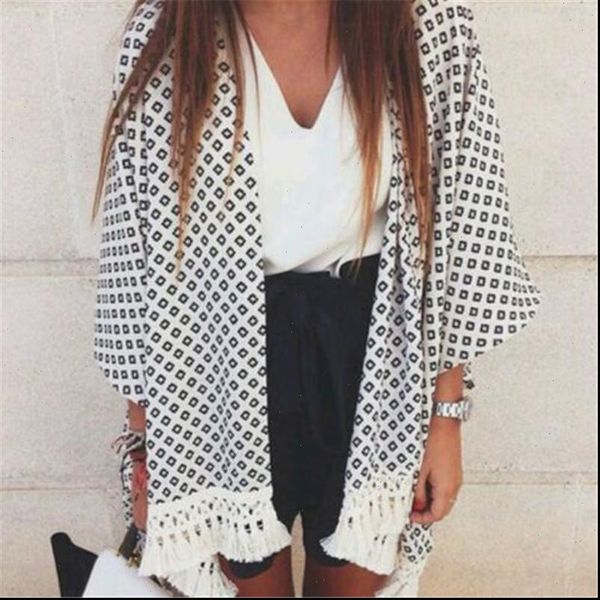 

2021 new women flare sleeve long blouse geometry printed summer chiffon tassel loose casual shawl kimono cardigan, White
