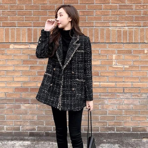 

women's wool & blends black plaid suit jacket female autumn winter coats design sense niche all-match small fragrant wind woolen
