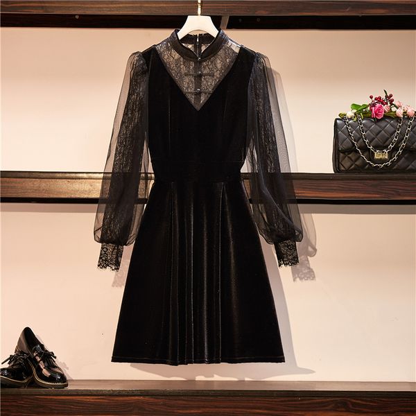 

plus size mesh lace dressed in women's velvet 2021 spring new vintage sleeve long turtleneck dress up high waist 0usz, White
