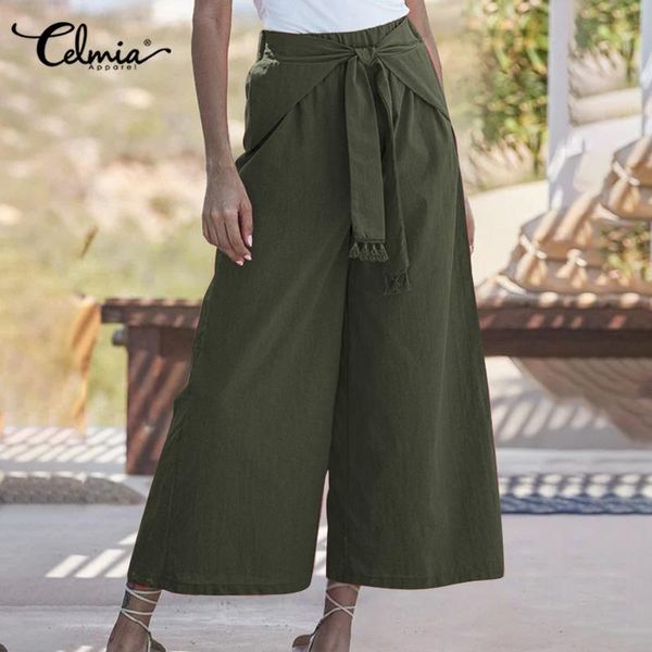 

celmia women fashion high waist pants 2021 spring vintage bandage wide leg trousers casual loose pockets long pantalon femme 5xl, Black;white